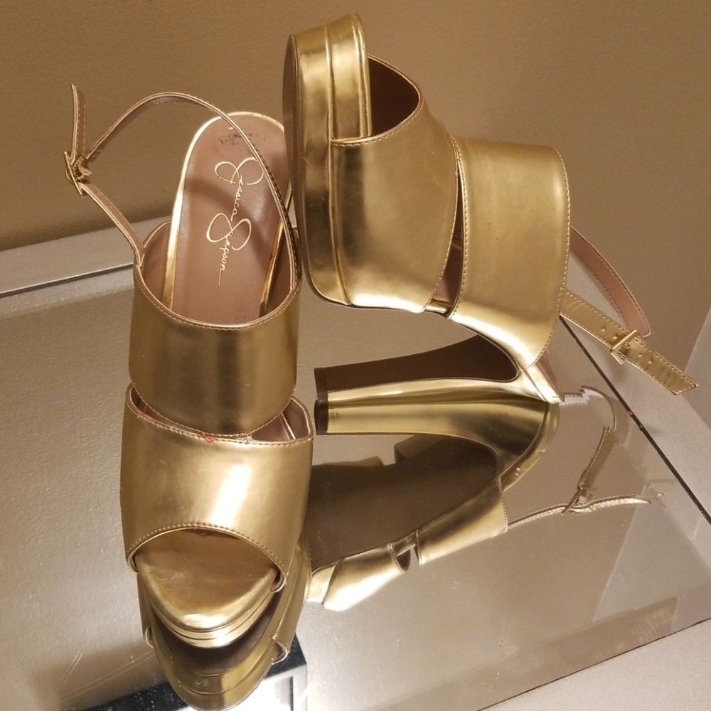 Jessica Simpson gold open toe shoes